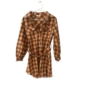 Entro Plaid Belted Long Sleeve Shirt Dress Jacket Brown S